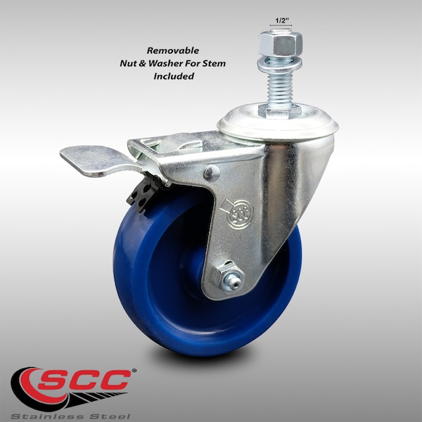 4 Inch SS Solid Polyurethane 1/2 Inch Threaded Stem Caster with Total Lock Brake